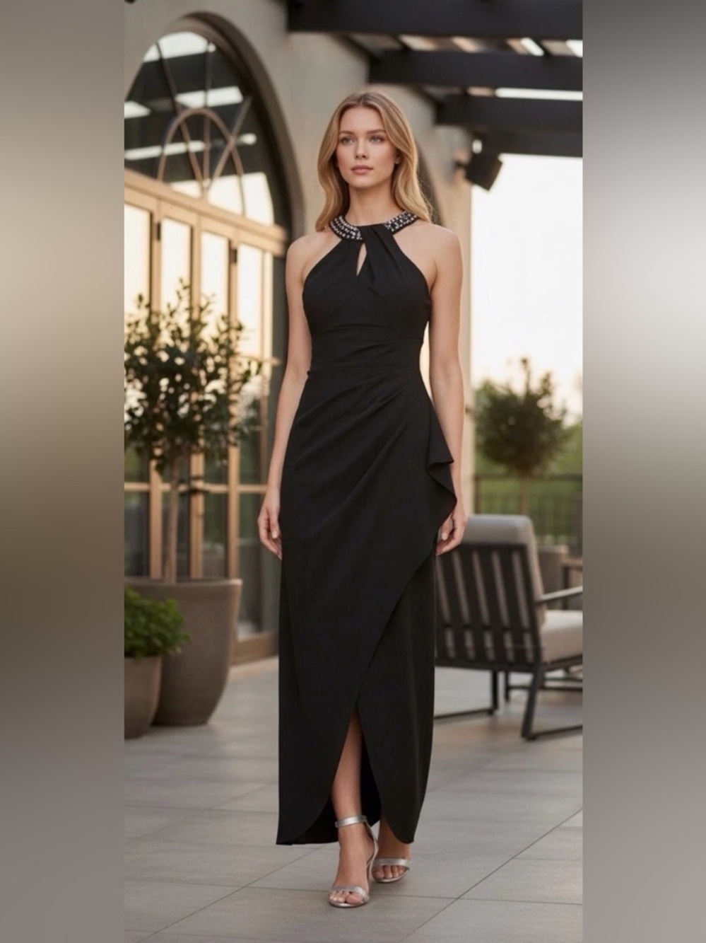 SLNY Black Strapless Evening Gown with Embellished Neckline